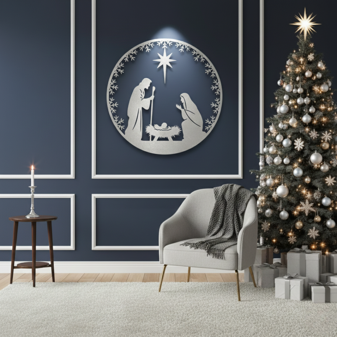 Arcdew's Minimalist Acrylic Round Nativity Scene Wall Art with Star & Wreath Frame silver
