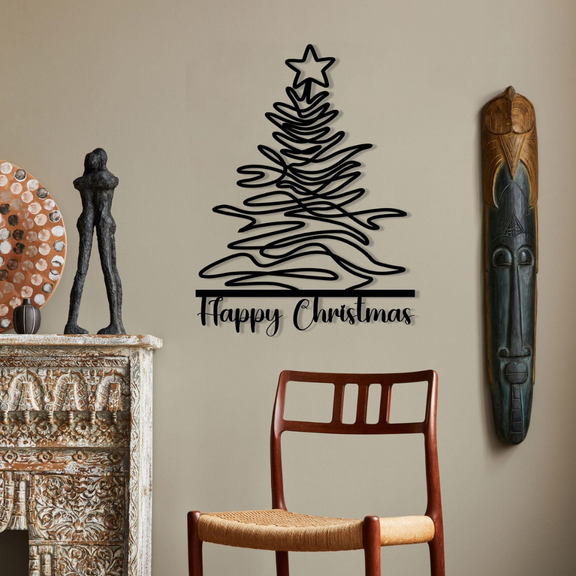 Decorative Christmas tree wall decal with 'Happy Christmas' text on a beige wall, next to a chair and decorative items.