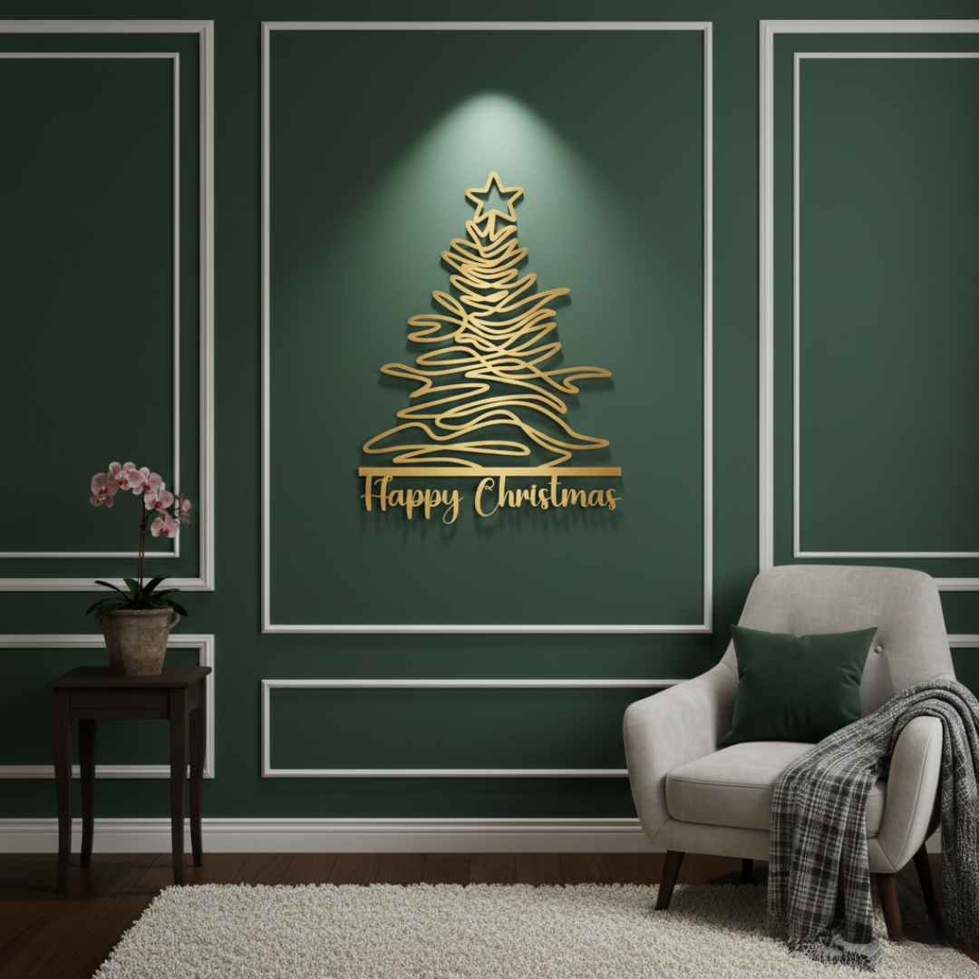 Gold Christmas tree decoration on a green wall with a gray armchair and small table in the foreground.