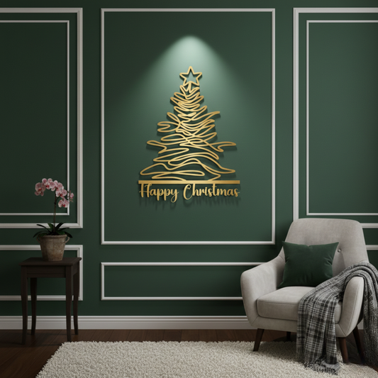 Gold Christmas tree decoration on a green wall with a gray armchair and small table in the foreground.