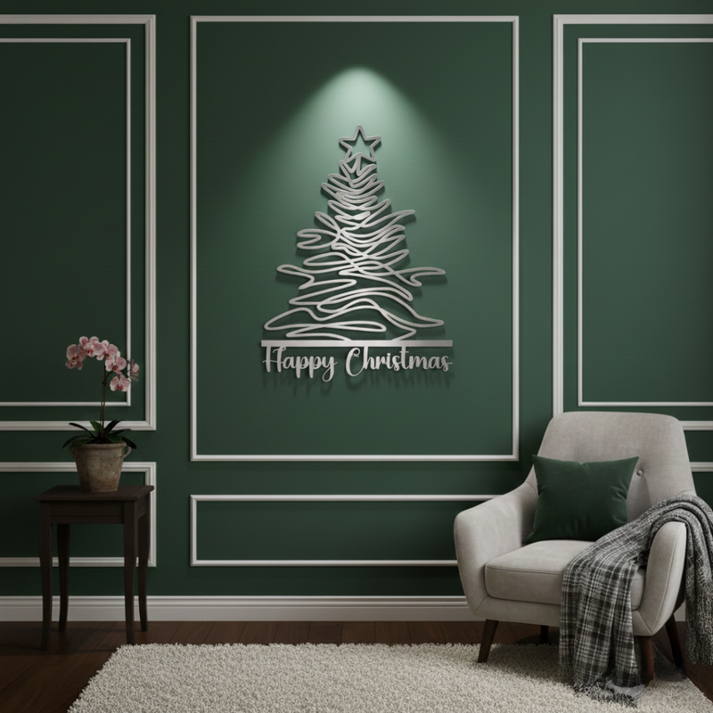 Decorative Christmas tree wall art with 'Happy Christmas' text on a green wall.