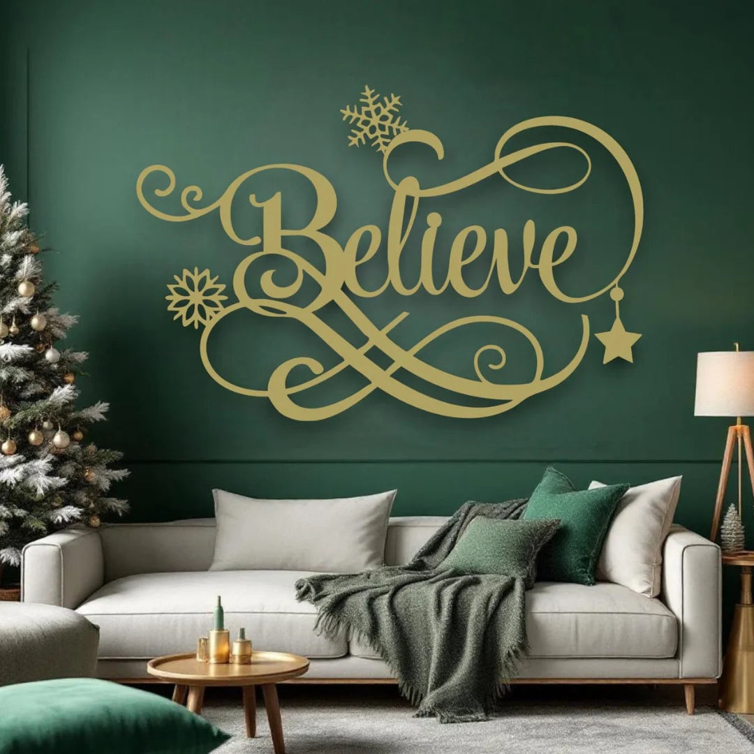 "Believe" Christmas Decor Gold