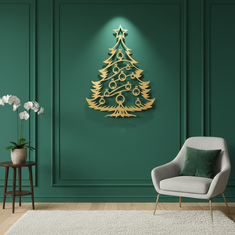 Gold Christmas tree wall decoration on a green wall with a gray chair and plant in the foreground.