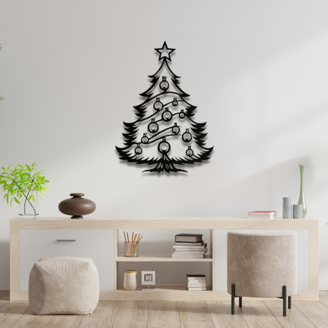 Black metal Christmas tree wall decoration in a modern living room.