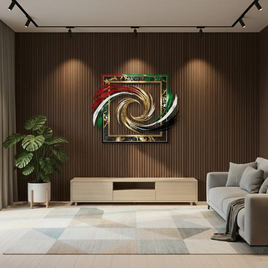Arcdew's Modern UAE Flag Swirl Acrylic Framed Wall Art.