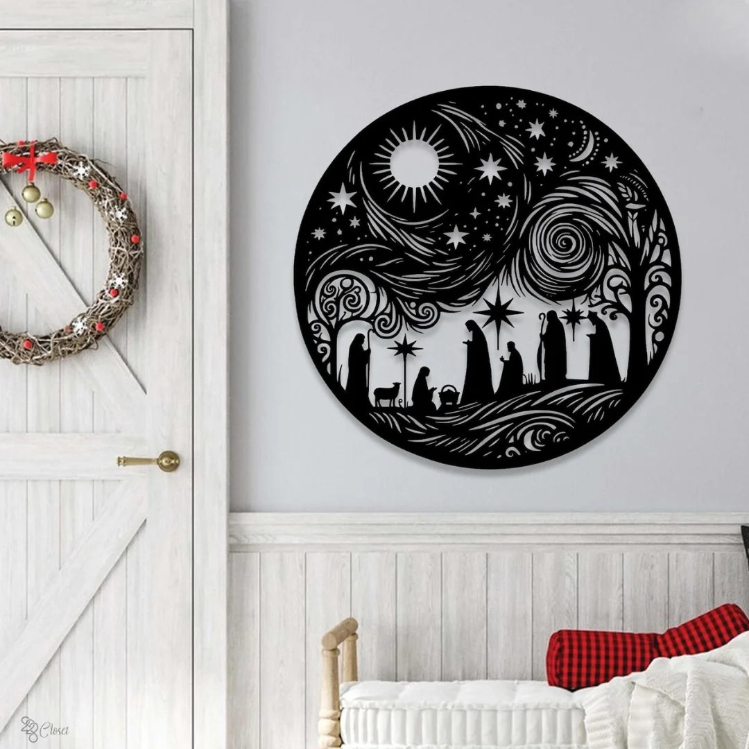 Round Acrylic Nativity Scene Wall Art Black