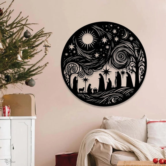 Round Acrylic Nativity Scene Wall Art Black 2