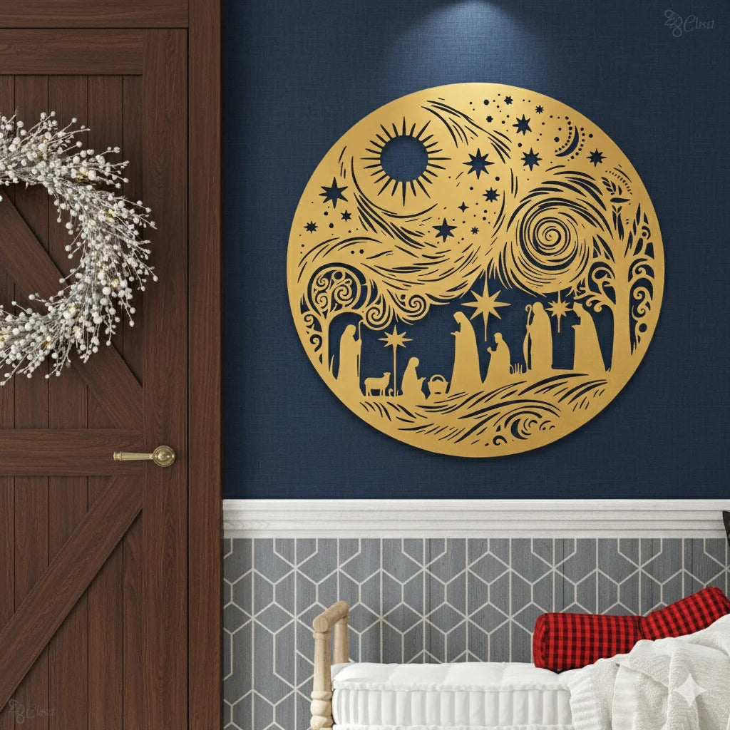 Round Acrylic Nativity Scene Wall Art Gold