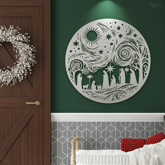Decorative wall art with nativity scene on a green wall next to a wooden door with a wreath.