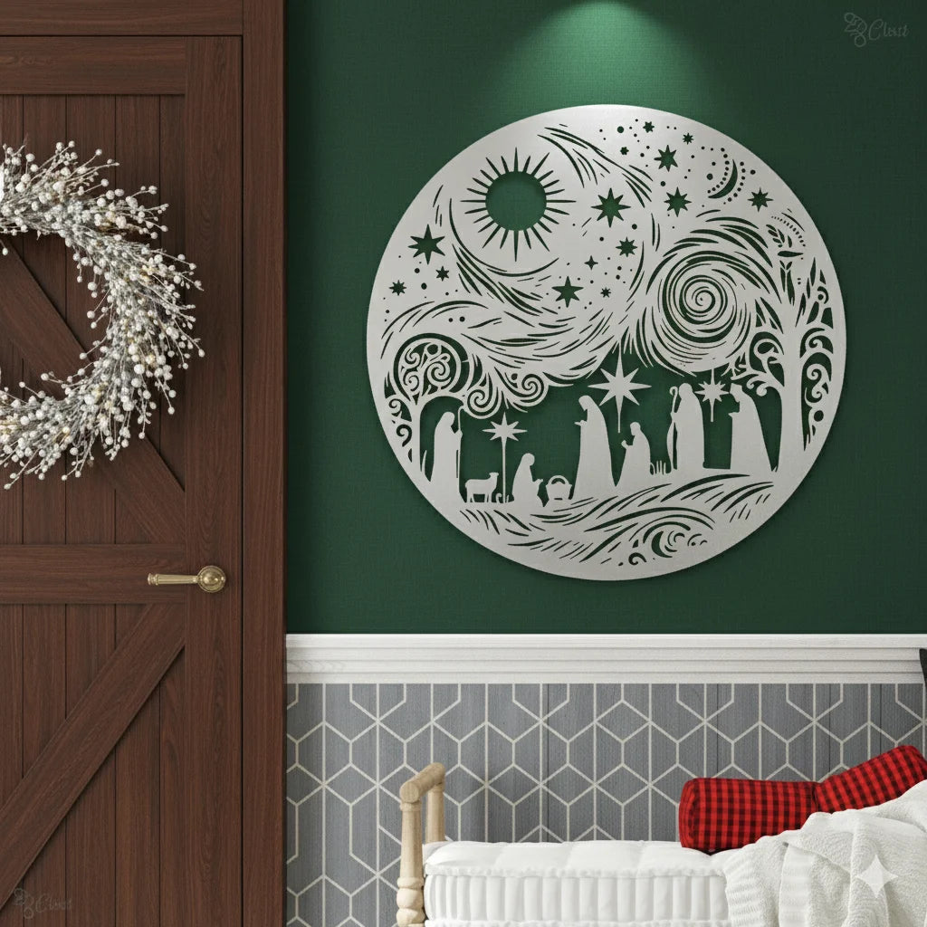 Round Acrylic Nativity Scene Wall Art Silver