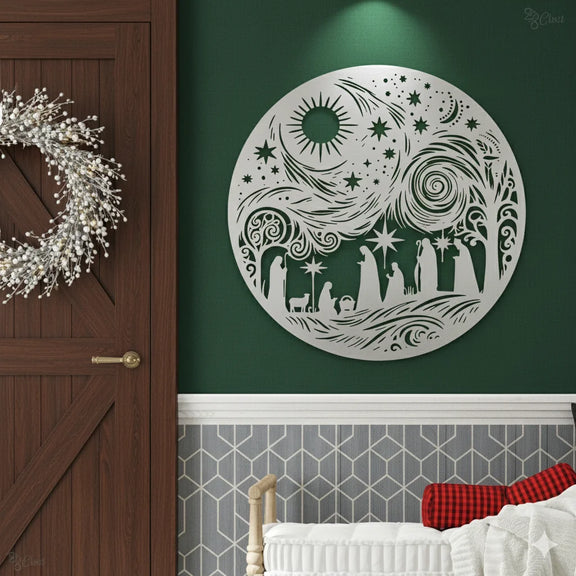 Round Acrylic Nativity Scene Wall Art Silver