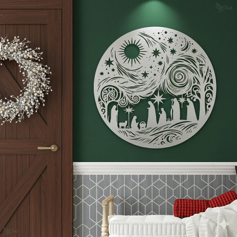 Round Acrylic Nativity Scene Wall Art Silver