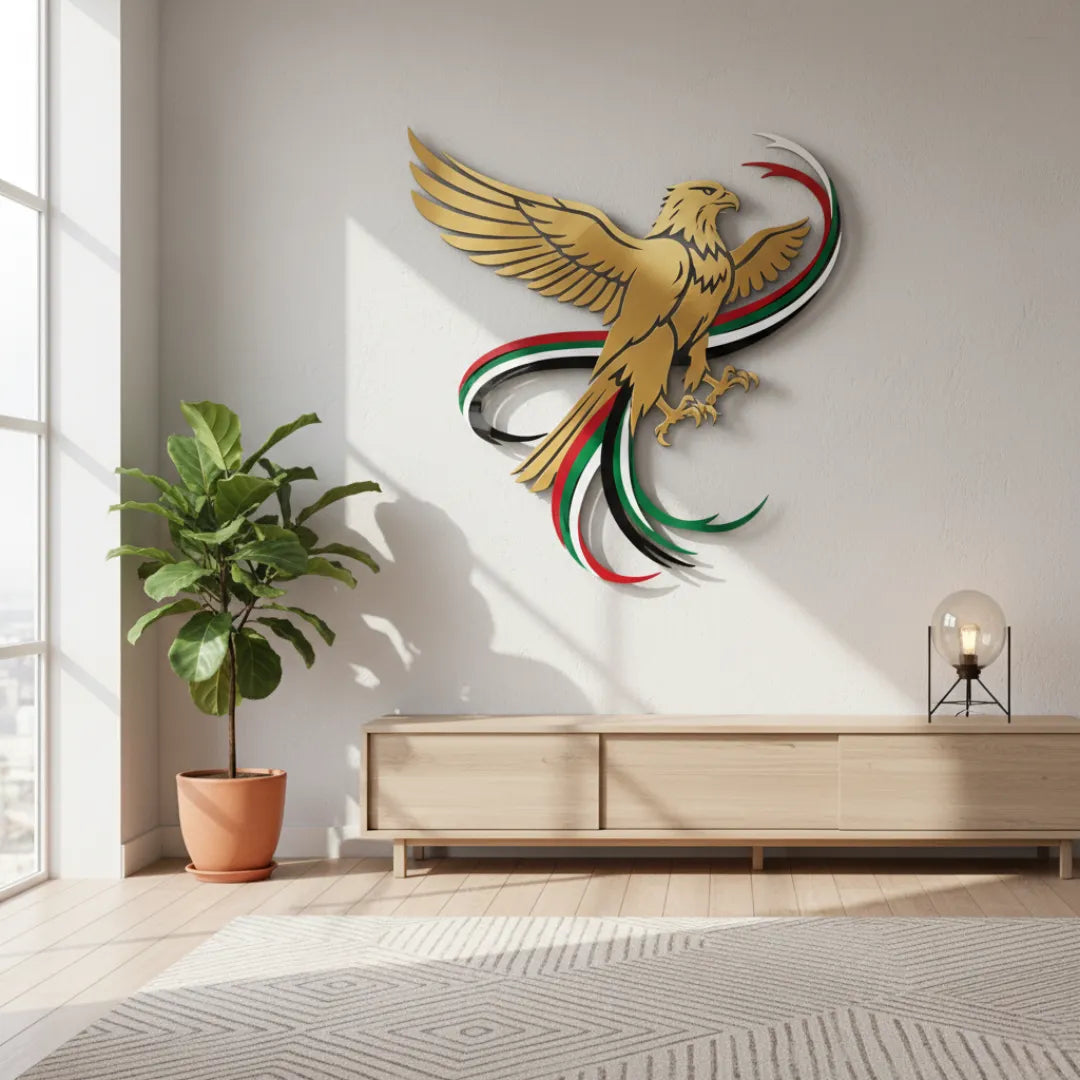 Arcdew's Soaring UAE Falcon & Flag Ribbons Acrylic Wall Art.