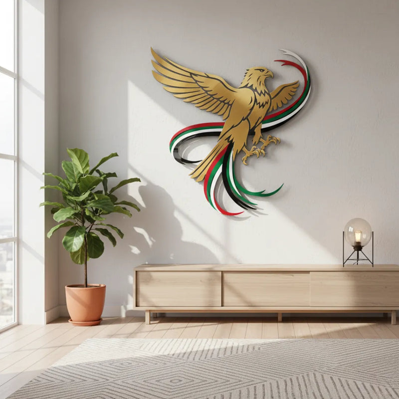 Arcdew's Soaring UAE Falcon & Flag Ribbons Acrylic Wall Art.