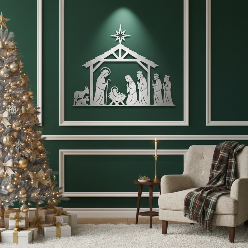 Arcdew's Traditional Acrylic Manger Nativity Scene Wall Art with Star silver