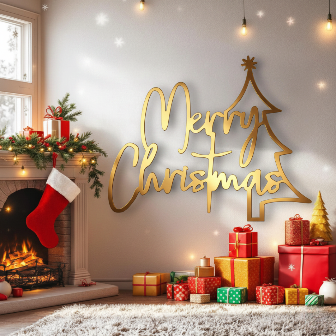 Decorative Christmas scene with 'Merry Christmas' sign, fireplace, stockings, and presents.