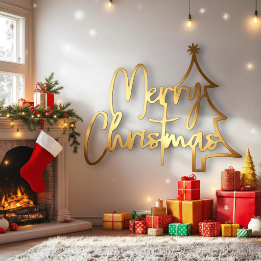Decorative Christmas scene with 'Merry Christmas' sign, fireplace, stockings, and presents.