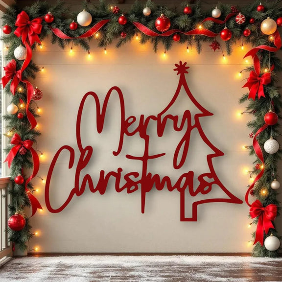 Merry Christmas Tree Wall Art Red