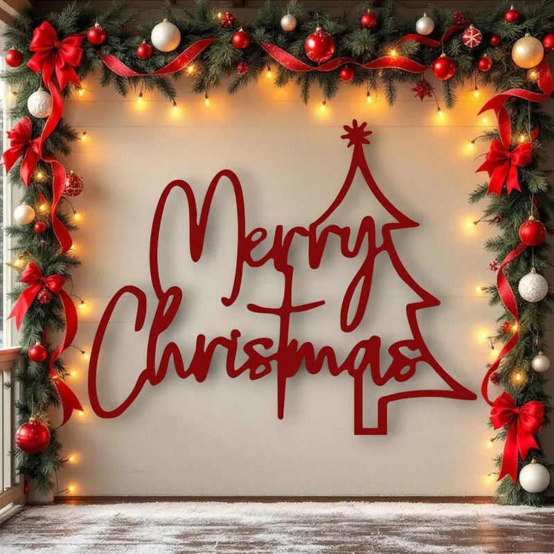 Merry Christmas Tree Wall Art Red