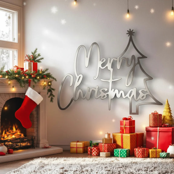 Merry Christmas Tree Wall Art Silver