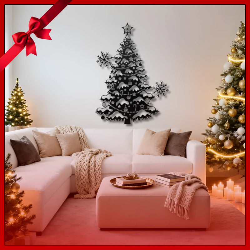 Decorated living room with Christmas trees and a wall-mounted tree decoration.