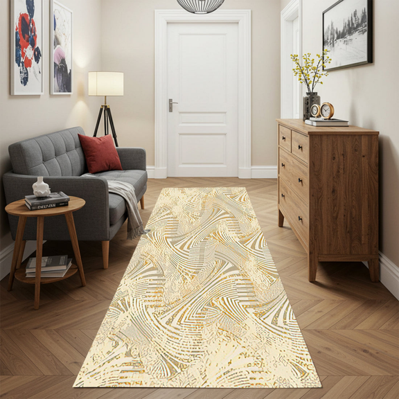 Art World Modern Cream Geometric Runner – Abstract Gold & Grey Hallway Accent Rug.