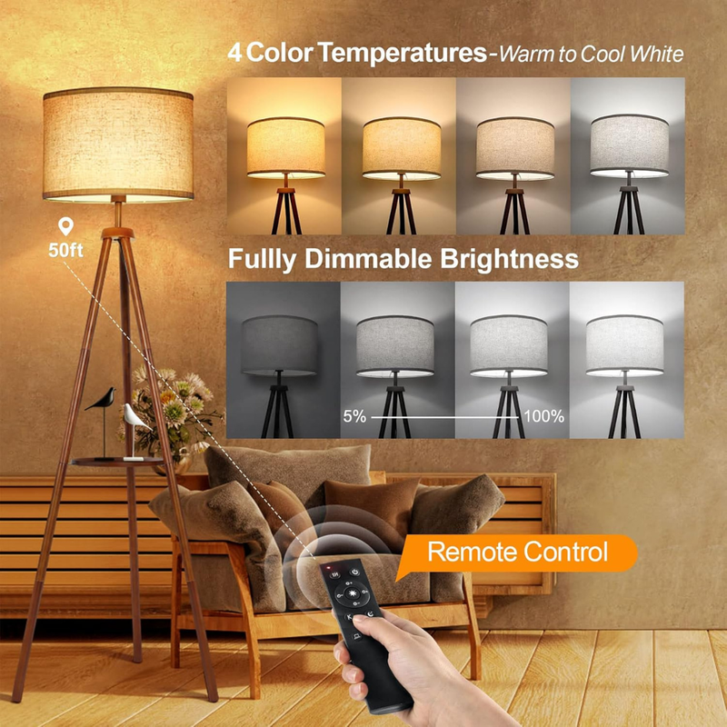 Atlas Tripod Floor Lamp – Mid-Century Modern Wood Standing Lamp with Integrated Shelf.