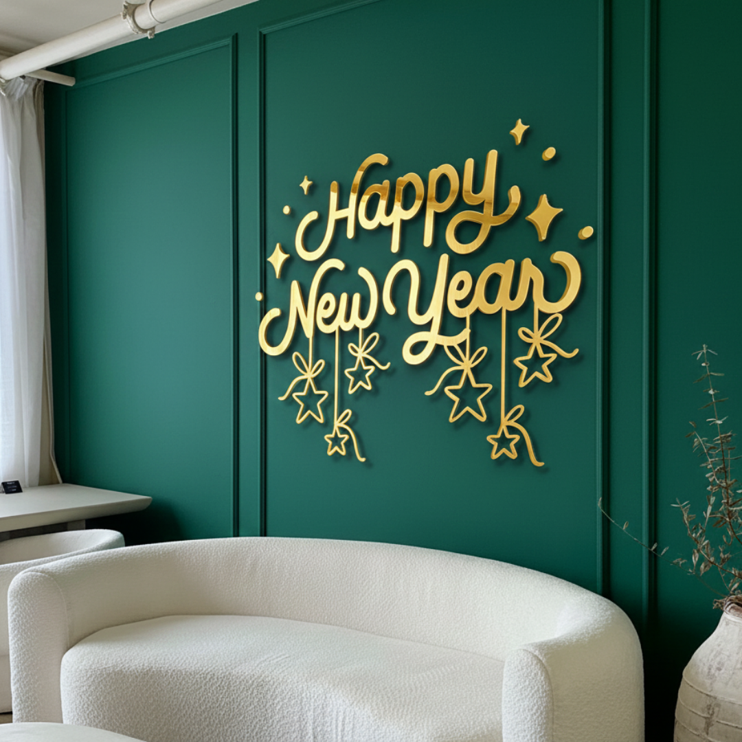 Gold 'Happy New Year' decoration on a green wall with a white sofa in the foreground.