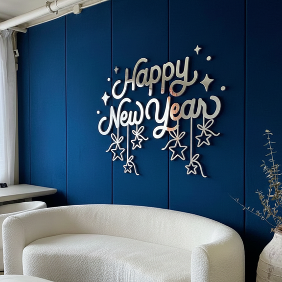 Decorative 'Happy New Year' sign on a blue wall with a white couch in the foreground.