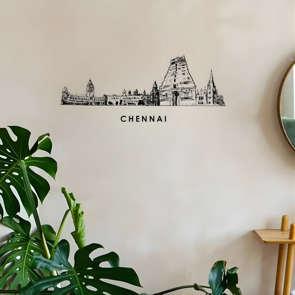 Arcdew Acrylic Black Chennai Skyline Wall Art for Home Decor - arcdew.com - Arcdew acrylic black Chennai skyline wall art with branded special design on beige wall.
