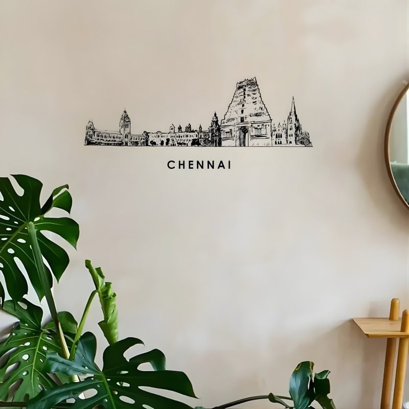 Arcdew Acrylic Black Chennai Skyline Wall Art for Home Decor - arcdew.com - Arcdew acrylic black Chennai skyline wall art with branded special design on beige wall.