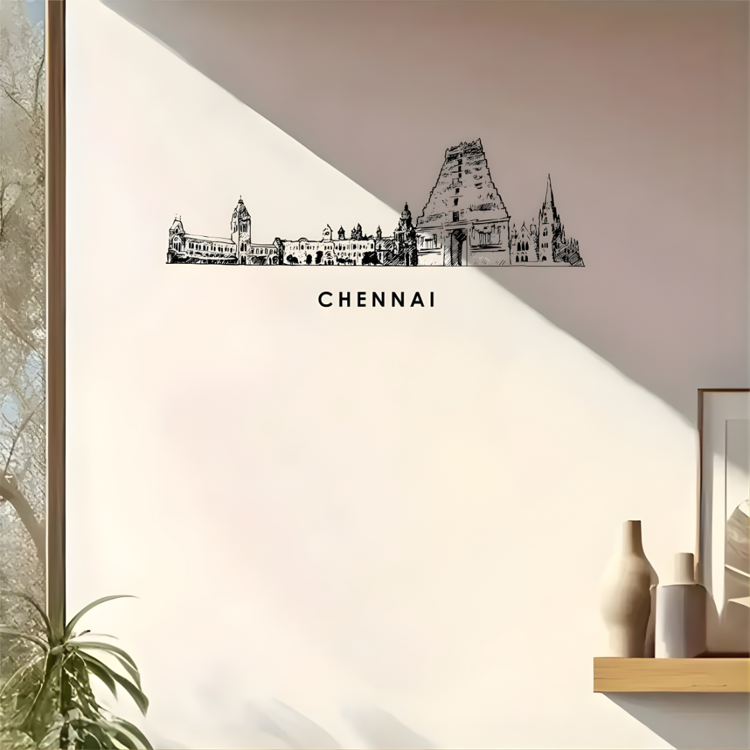 Arcdew Acrylic Black Chennai Skyline Wall Art for Home Decor - arcdew.com - Arcdew branded acrylic black Chennai skyline wall art with detailed temple silhouette and text.