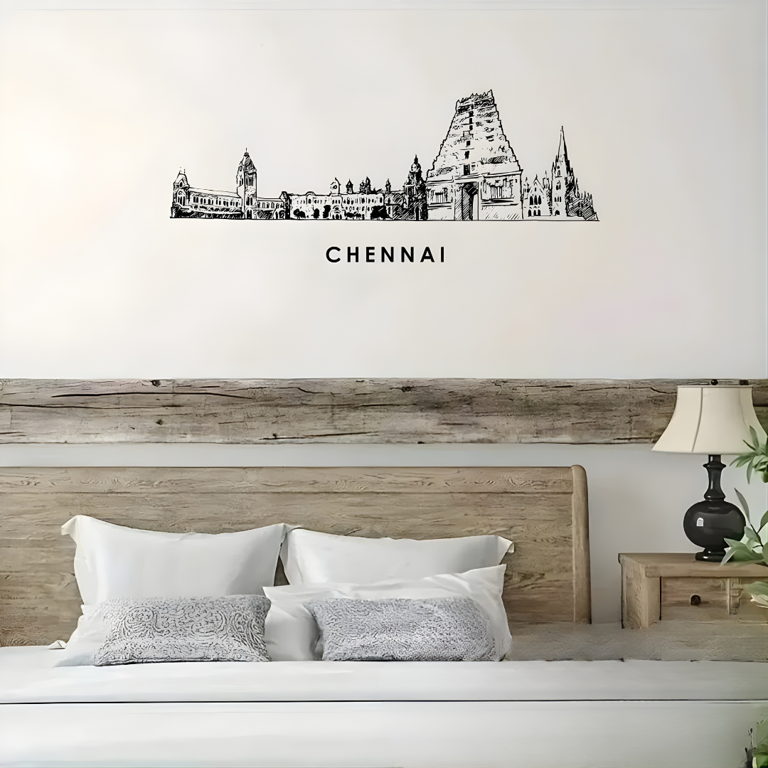 Arcdew Acrylic Black Chennai Skyline Wall Art for Home Decor - arcdew.com - Arcdew branded black acrylic Chennai skyline wall art above wooden bed headboard.