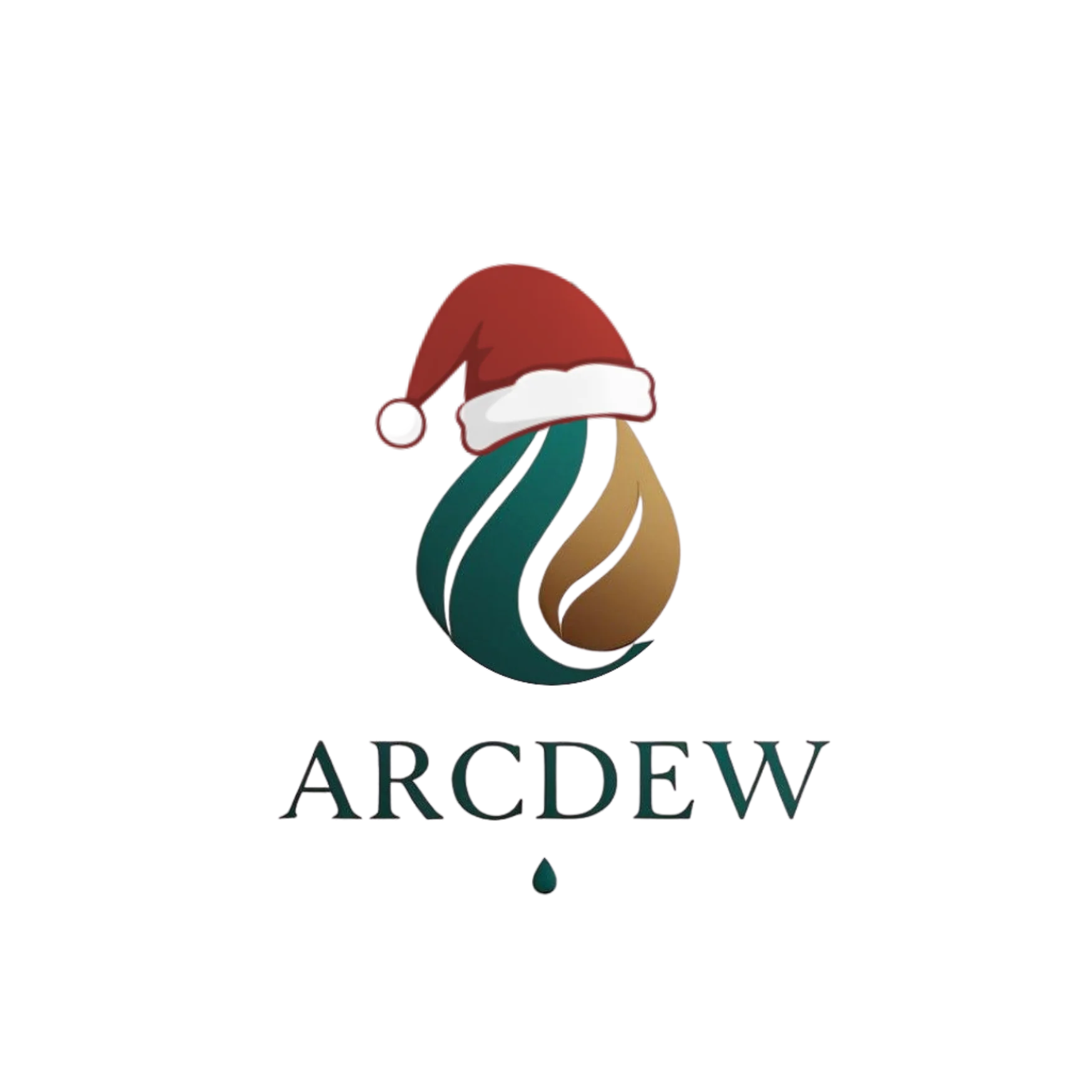 Logo of Arcdew with a droplet and Santa hat on a white background