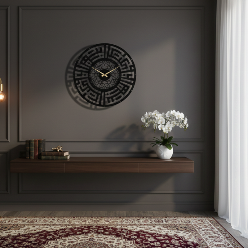 Decorative wall clock with maze design on a gray wall above a wooden console table with books and a vase of white flowers.