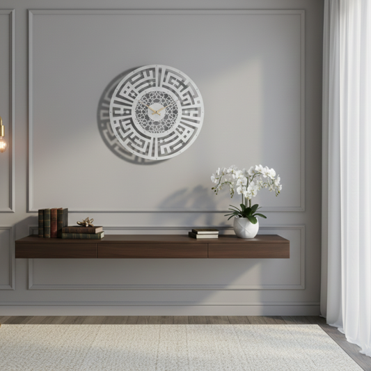 Circular Kufic Calligraphy Clock | 3D Geometric Islamic Wall Art silver.