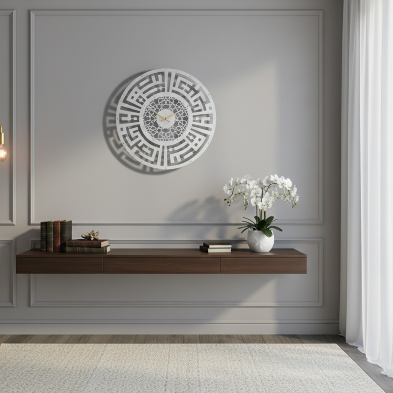Circular Kufic Calligraphy Clock | 3D Geometric Islamic Wall Art silver.
