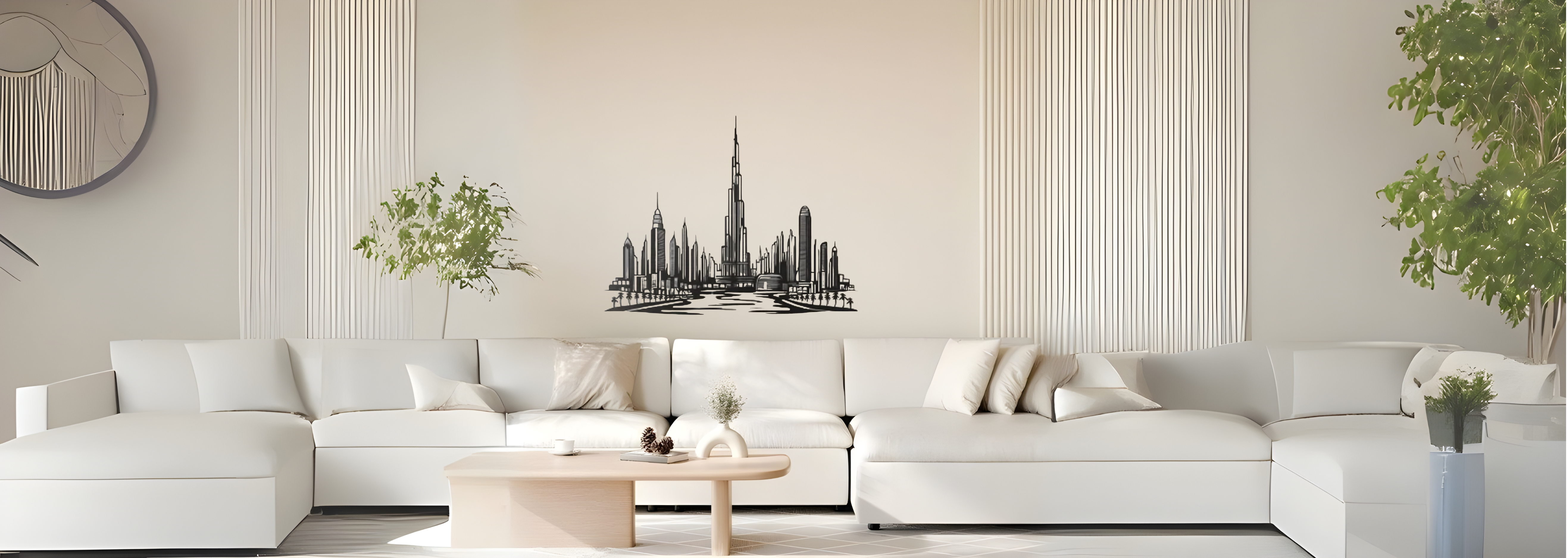 Modern living room with white sectional sofa, coffee table, and decorative wall art.