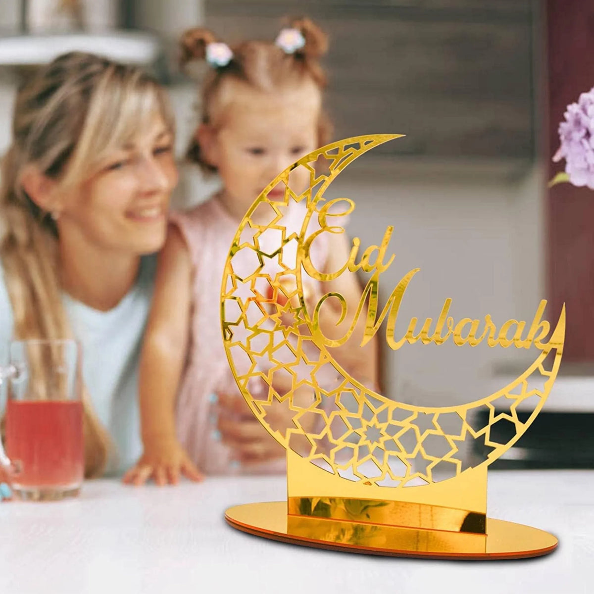 Eid Mubarak Acrylic Crescent Moon Table Decor Gold 1