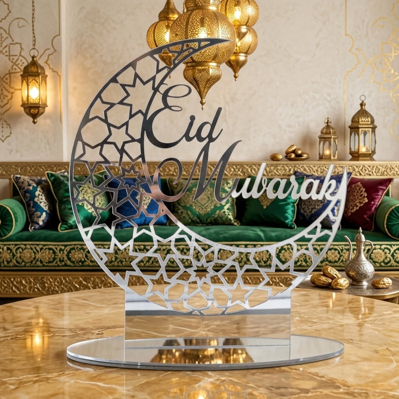 Eid Mubarak Acrylic Crescent Moon Table Decor Silver