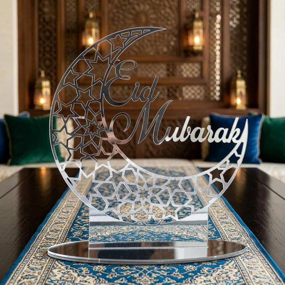 Eid Mubarak Acrylic Crescent Moon Table Decor Silver 1