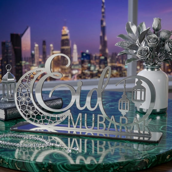 Eid Mubarak Acrylic Freestanding Table Decor Silver 1