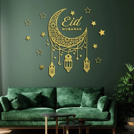 Eid Mubarak Acrylic Wall Art Set | Crescent Moon Lantern & Stars Islamic Wall Decor | Luxury Ramadan Home Decoration