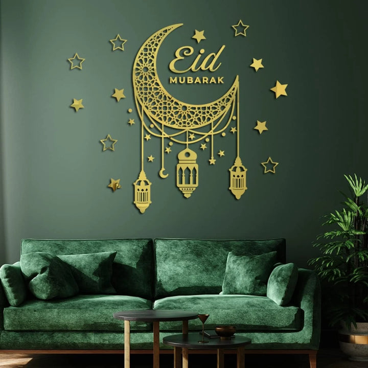 arcdew.com - Eid Mubarak Acrylic Wall Art Set | Crescent Moon Lantern & Stars Islamic Wall Decor | Luxury Ramadan Home Decoration | Acrylic
