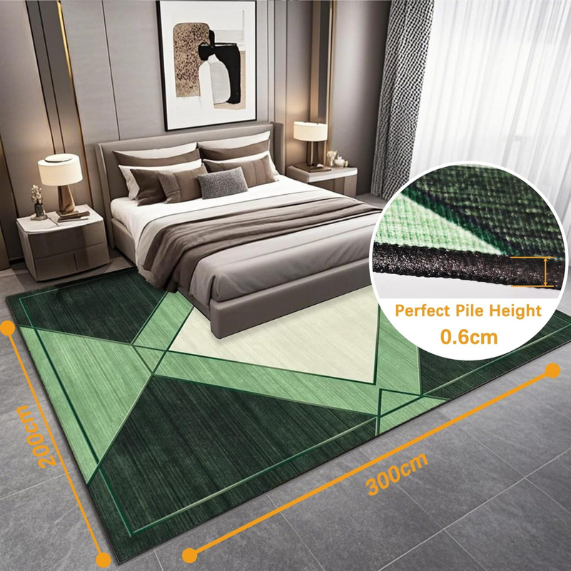 Geometric patterned rug in a bedroom with measurements and texture detail.