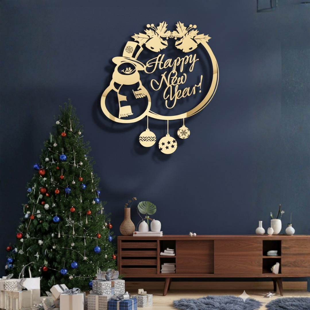 Decorative wall art with 'Happy New Year!' on a blue wall above a Christmas tree and gifts.