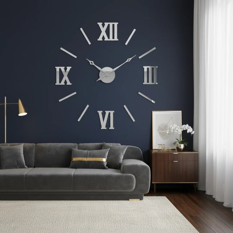 Giant DIY 3D Roman Numeral Wall Clock Silver