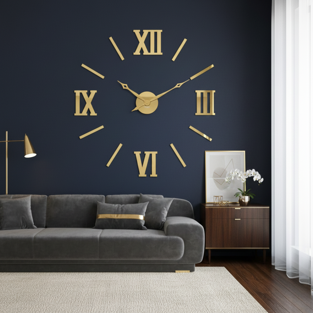 Gold wall clock with Roman numerals on a dark blue wall in a living room.