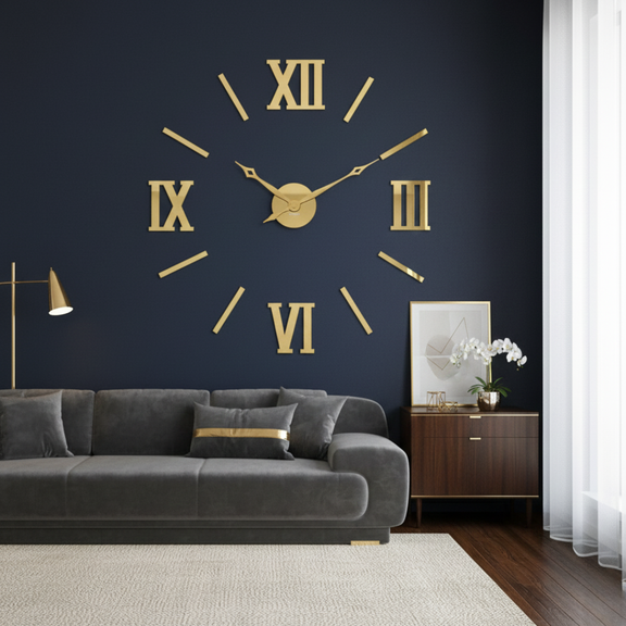 Gold wall clock with Roman numerals on a dark blue wall in a living room.