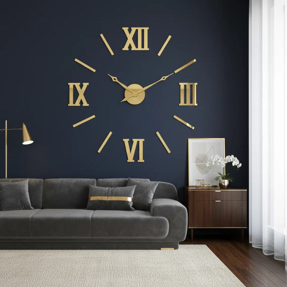 Giant DIY 3D Roman Numeral Wall Clock Gold